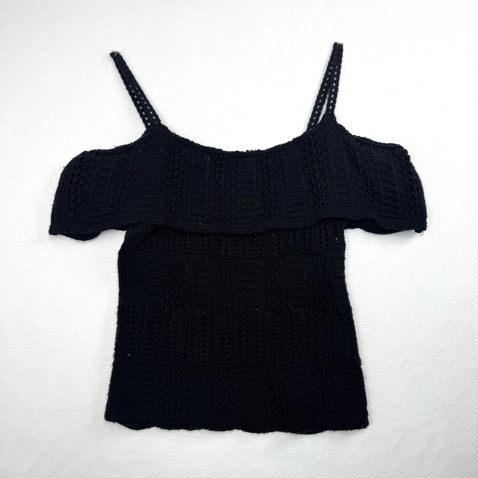 Topshop Womens Black Knit Cold Shoulder Ruffle Pointelle Bardot Top Size 6